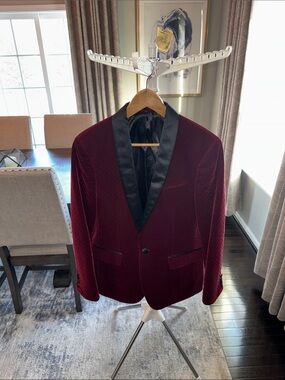 ASOS Burgundy Velvet Tuxedo Jacket with Black Satin Lapel